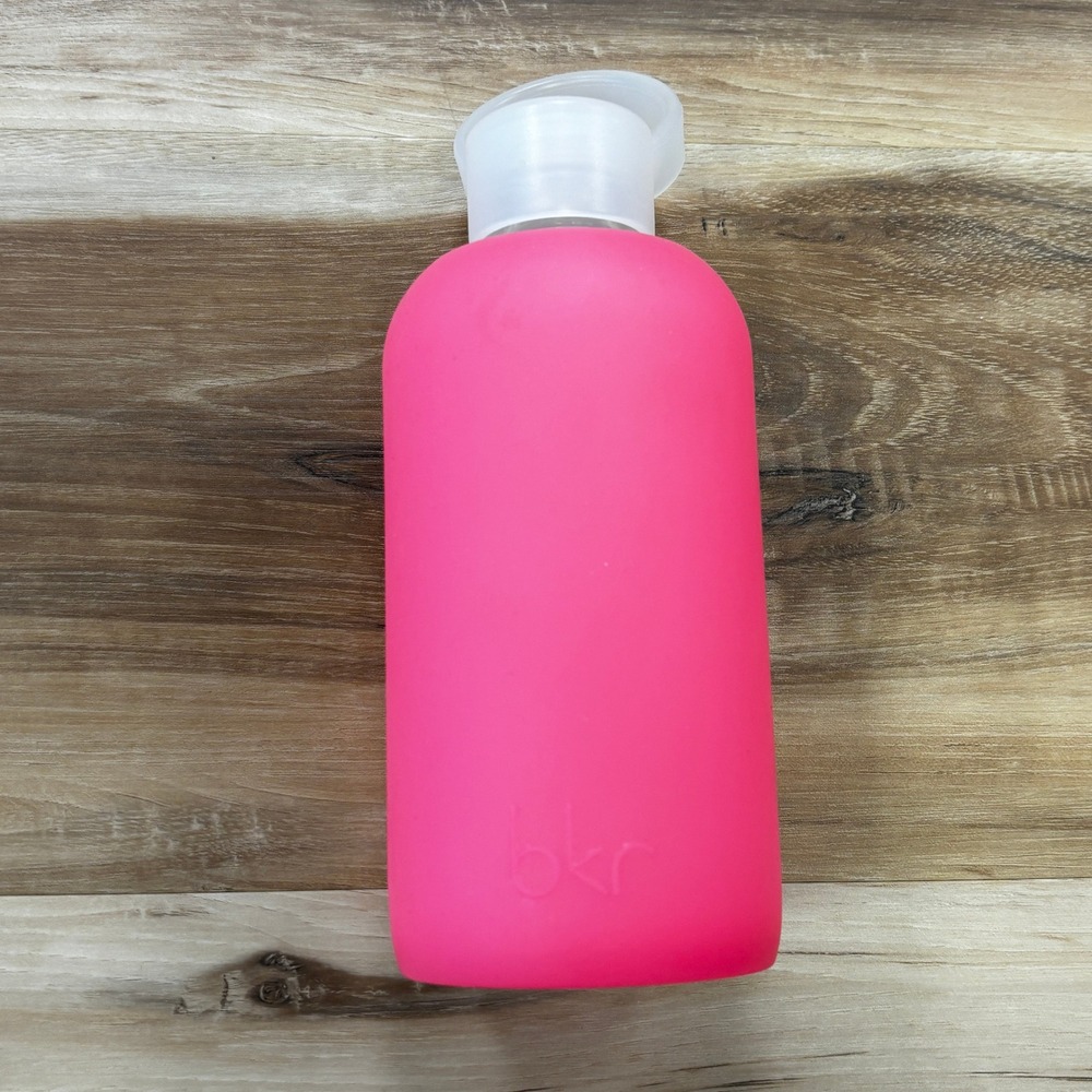 bkr Glass Water Bottle 500mL 16oz Silicone Sleeve Loop Cap Neon Pink Hot Pink